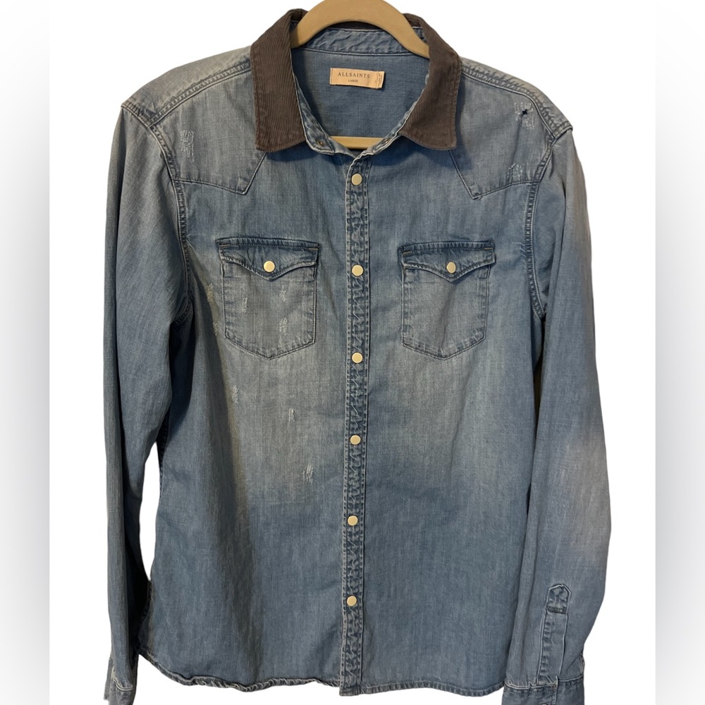 All Saints Men's Light Blue Denim Button-Down Shirt with Brown Corduroy Collar